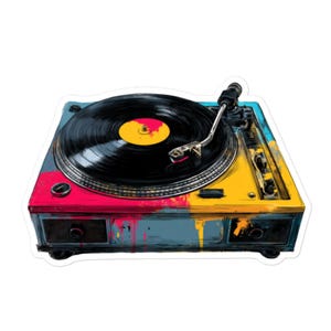 Retro Vinyl Record Player Sticker – Colorful Turntable Decal for Laptop, Water Bottles, Gifts and More