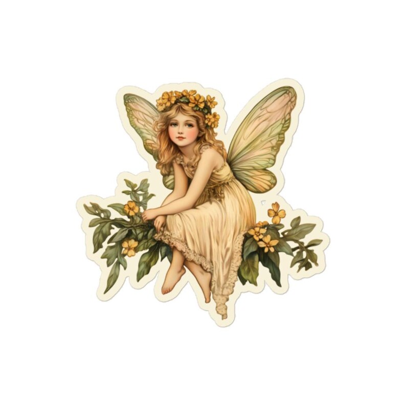 May include: A fairy with yellow flowers in her hair sits on a branch with green leaves and yellow flowers. She is wearing a white dress and has wings.