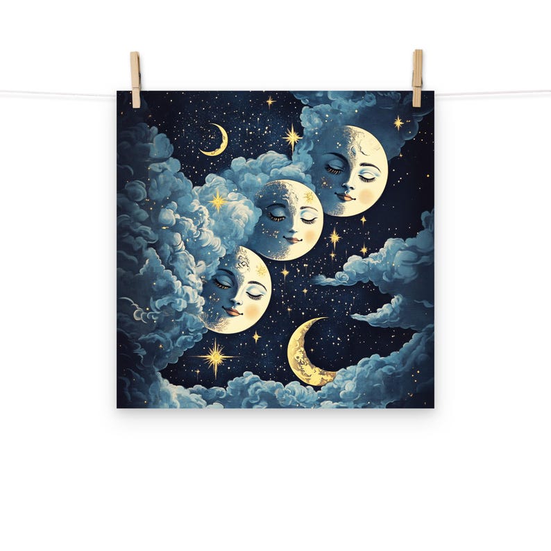 Blue Moon Faces Poster – Celestial Wall Art With Stars, Clouds ...
