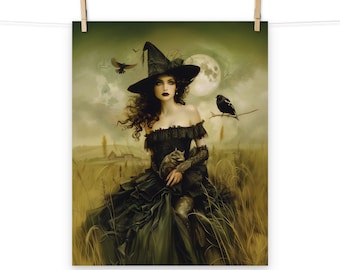 Mystical Witch Poster - Gothic Fantasy Wall Art Decor Magical Full Moon Illustration