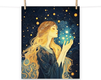 Lámina artística de diosa estelar de fantasía celestial: póster de noche de estilo art nouveau caprichoso para decoración de pared
