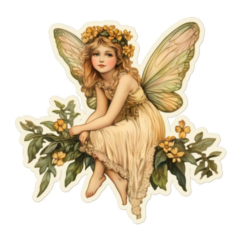 May include: A fairy with yellow flowers in her hair sits on a branch with green leaves and yellow flowers. She has large, delicate wings and is wearing a white dress.