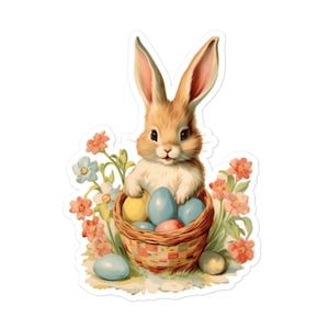 Adesivo in vinile con simpatico coniglietto pasquale vintage con cestino per le uova di Pasqua