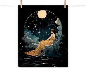 Art Nouveau Celestial Moonlit Bathing Lady Poster