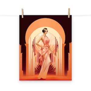 May include: A woman in a peach-coloured gown stands in a doorway with an ornate archway. The background is a warm orange and brown colour scheme.