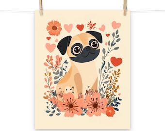 Poster Schattige mopshond met bloemen en harten - poster schattige hond voor huisdecoratie