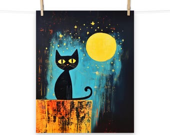 Black Cat and Moon and Stars Poster A - Celestial Cat Lover and Halloween Wall Art for Home Decor
