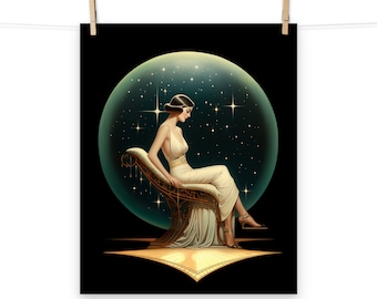 Art Deco Lady Starry Night Poster - Celestial Glamour and Art Deco Print for Home Decor