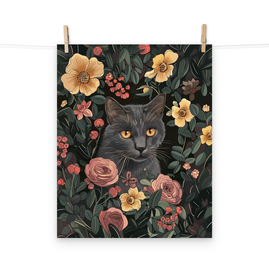 Floral Cat Poster - Russian Blue and Flowers Art Print for Whimsical ...