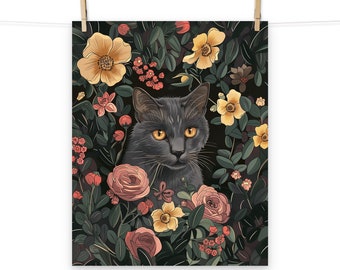 Floral Cat Poster - Russian Blue and Flowers Art Print for Whimsical Home Decor