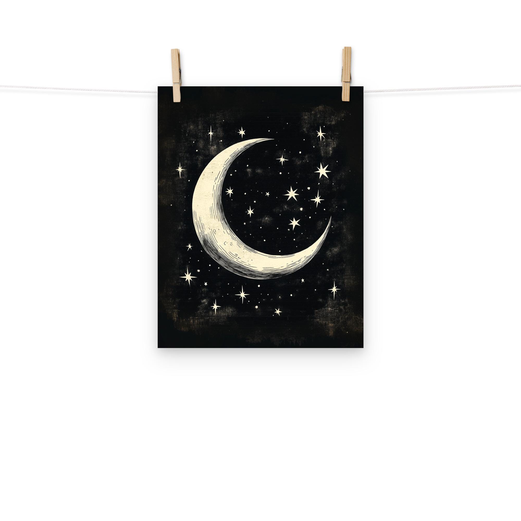 Vintage Crescent Moon & Stars Poster – Celestial Night Sky Print for ...