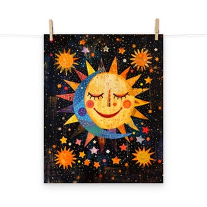 Colorful Celestial Sun and Moon Poster – Whimsical Wall Art for Home Decor