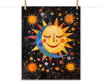 Colorful Celestial Sun and Moon Poster – Whimsical Wall Art for Home Decor
