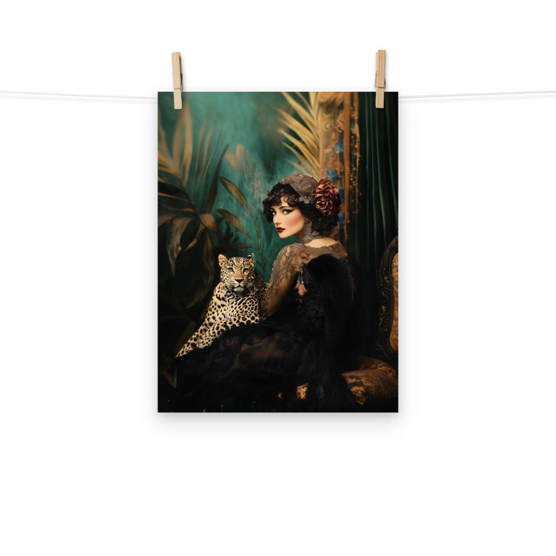 May include: A woman in a black dress and a floral headpiece sits with a leopard in a lush, green setting. The woman looks directly at the viewer, while the leopard looks to the side.