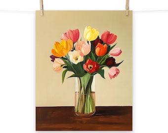 Poster Bouquet de tulipes dans un vase - Art mural floral botanique coloré pour la décoration intérieure