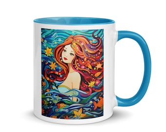 海のマーメイドマグカップ - 芸術的な水中シーンを描いたカラフルな海のファンタジーコーヒーカップ