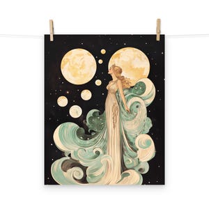 Moon Goddess Art Print – Whimsical Celestial Poster for Vintage Home Decor