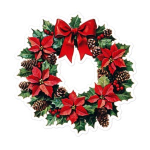 Vintage Christmas Wreath Sticker – Festive Holiday Decoration Decal for Scrapbooks, Gifts and More