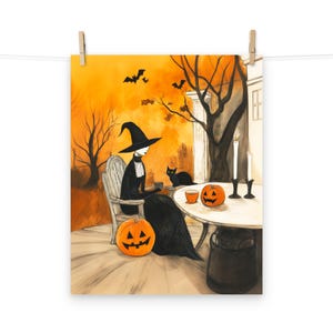 Vintage Halloween Hexe, schwarze Katze und Kürbisse Poster - Herbstliche Herbstdekoration