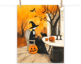 Vintage Halloween Witch, Black Cat and Pumpkins Poster – Spooky Autumn Wall Art for Home Decor