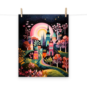 Enchanted Fairytale Castle Poster - Magical Nighttime Landscape, Fantasy Art for Home Decor, Dreamy Wall Art Illustration