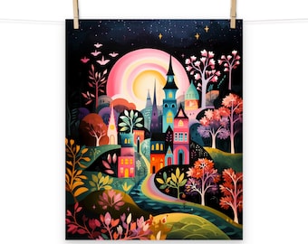 Poster di un castello incantato da favola - Paesaggio notturno magico, arte fantasy per la decorazione della casa, illustrazione da parete da sogno