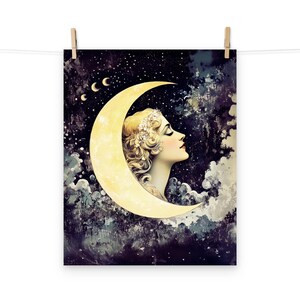 Vintage Moon Goddess Art Print - Art Nouveau Celestial Wall Art for Whimsical Home Decor