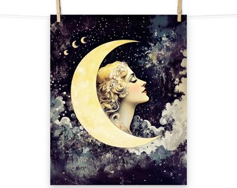 Vintage Moon Goddess Art Print - Art Nouveau Celestial Wall Art for Whimsical Home Decor