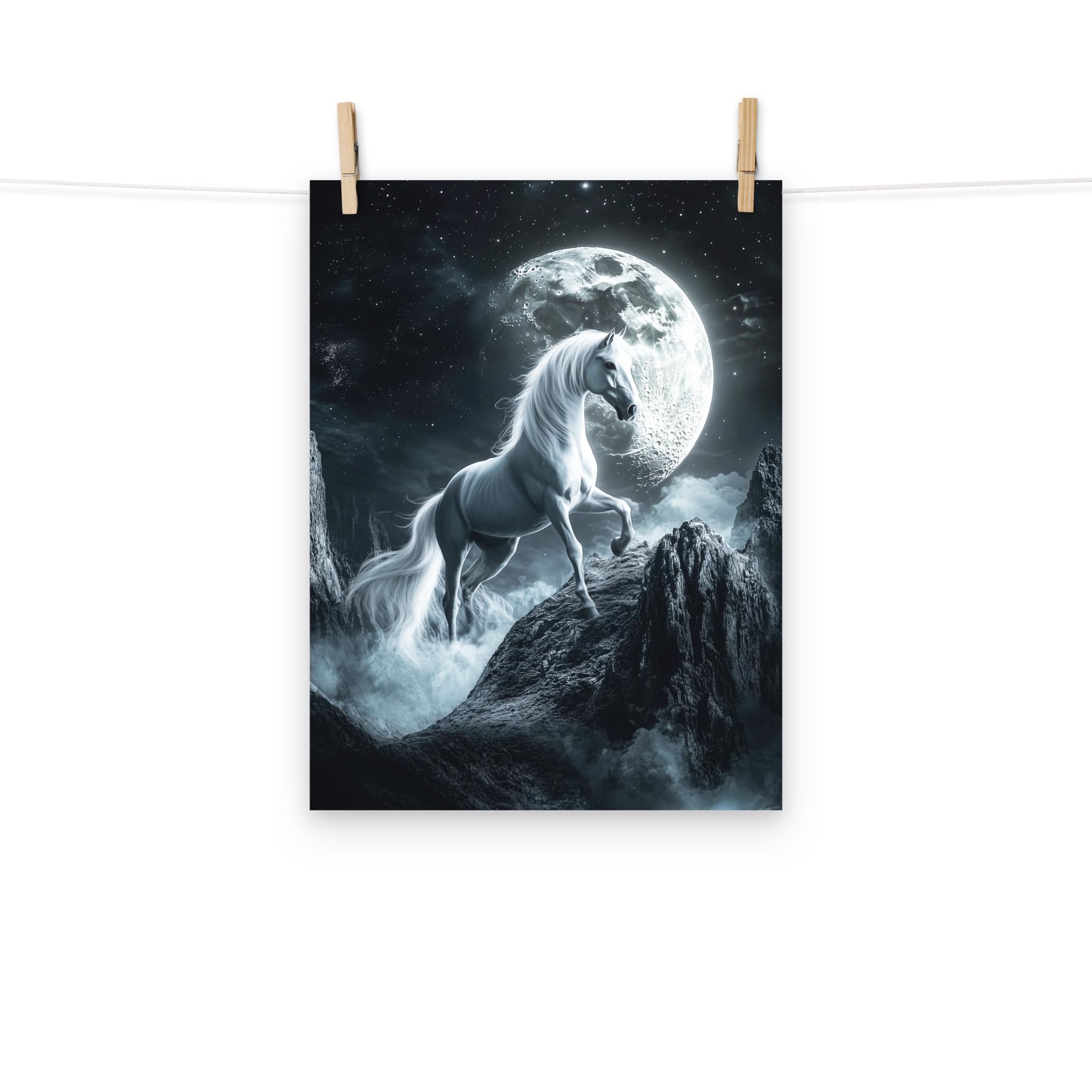 Celestial Horse Poster – White Stallion Under Full Moon in Space