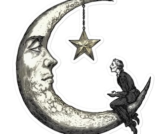 Vintage Moon & Star Vinyl Sticker – Celestial Victorian Night Sky Illustration for Laptops, Water Bottles, Gifts and More