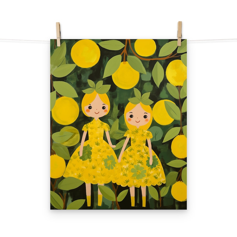 Yellow Lemon Girls and Green Leaves Cute Kids Poster - Etsy