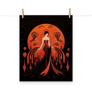 May include: A digital illustration of a woman in a black dress with a large, orange, feathered skirt. The woman is standing in front of a large, orange circle with a black background.