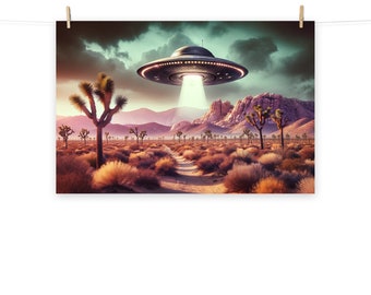 Poster del tramonto nel deserto di Joshua Tree con UFO