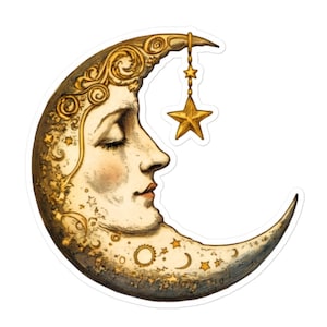 Vinylsticker Golden Celestial Moon – vintage vrouwelijke maansikkel met sterren voor laptops, waterflessen, cadeaus en meer
