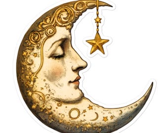 Golden Celestial Moon Vinyl Sticker – Vintage Feminine Crescent Moon with Stars for Laptops, Water Bottles, Gifts and More