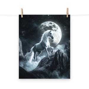 Celestial Horse Poster – White Stallion Under Full Moon in Space Fantasy Wall Art for Home Decor