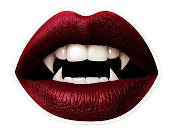 Puede incluir: Primer plano de un par de labios rojos con colmillos blancos afilados. Los labios están ligeramente entreabiertos, revelando los colmillos.