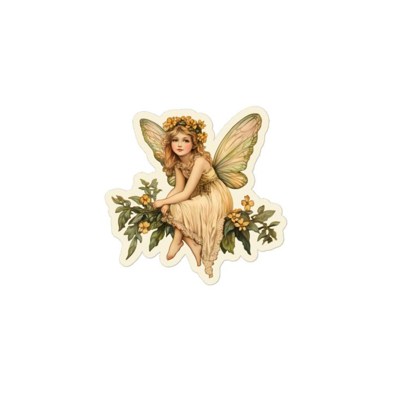 May include: A fairy with blonde hair and a yellow flower crown sits on a branch with green leaves and yellow flowers. She is wearing a white dress and has wings.