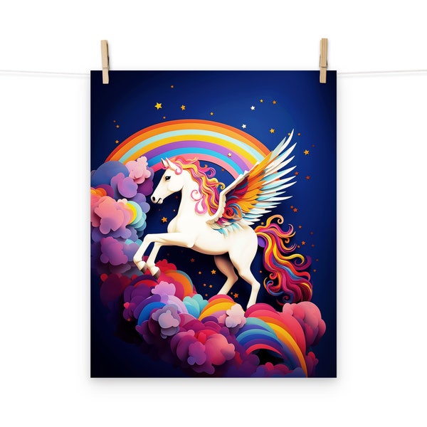 Pegasus Rainbow Clouds and Stars Paper Art Poster - Colorful Horse with Wings Art Print for Fantasy and Kids Home Decor