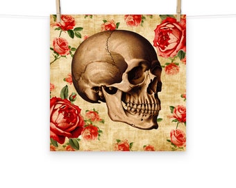 Vanitas Skull and Roses Poster - Symbolic Still Life Art, Memento Mori Wall Decor with Vintage Flair