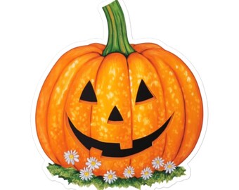 Adesivo in vinile vintage Jack-O-Lantern con margherite – Adesivo retrò di zucca di Halloween per laptop, album di ritagli, regali e altro ancora