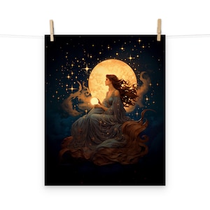 Celestial Full Moon Goddess Art Nouveau Poster