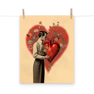 Vintage Love, Man, Heart and Flowers Poster for Romantic Retro Home Decor