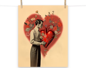 Vintage Love, Man, Heart and Flowers Poster for Romantic Retro Home Decor