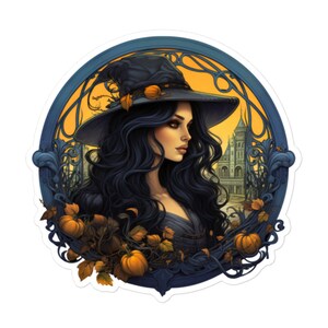 Sticker Halloween sorcière bleue en vinyle - Sticker automne Art nouveau et citrouilles pour une décoration de saison fantasmagorique