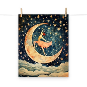Tänzerin auf dem Mond Poster - Himmlische Eleganz, sternenklarer Nachthimmel Kunstdruck, skurrile Wanddekoration für Träumer