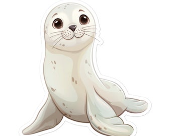 May include: A cartoon illustration of a cute, white seal with brown eyes and a light brown nose. The seal is sitting on its belly with its flippers outstretched.