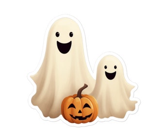 May include: Two friendly ghosts with smiling faces, one larger than the other, stand next to a carved orange pumpkin with a smiling face.