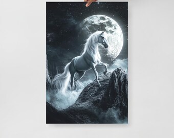 Celestial Horse Poster – White Stallion Under Full Moon in Space