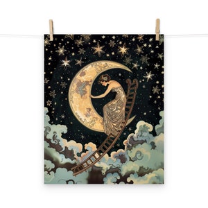 Art Nouveau Ladder to the Moon and Stars Poster - Art Deco Lady Wall Art for Vintage Home Decor
